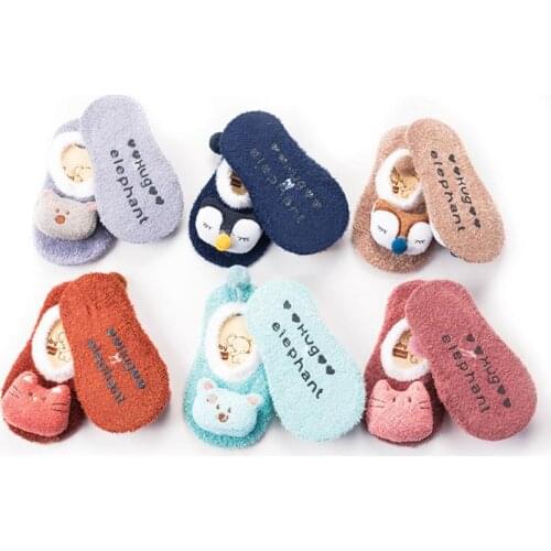 0-5Y coral velvet cartoon soft animal pattern boy girl floor shoes and socks