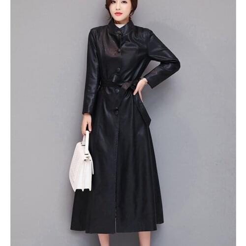 Single-breasted Faux Leather windbreaker coat women spring autumn new long slim slimming Faux Leather windbreaker fashion coat