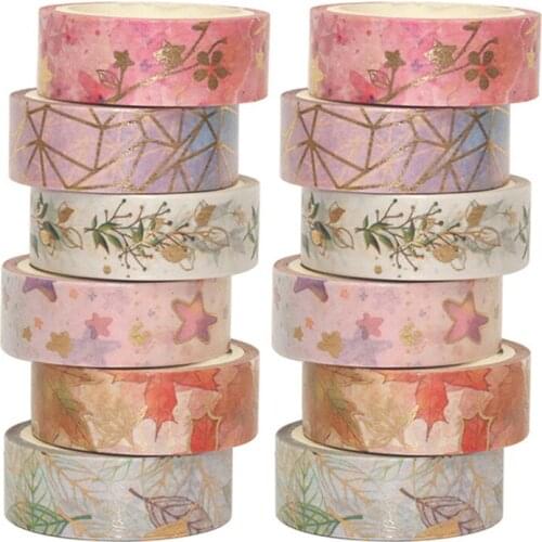 6 Pcs/Set Flower Plant Masking Tape Gold Foil Washi Tape Decorative Adhesive Tape Sticker Scrapbooking Diary Planner Stationery