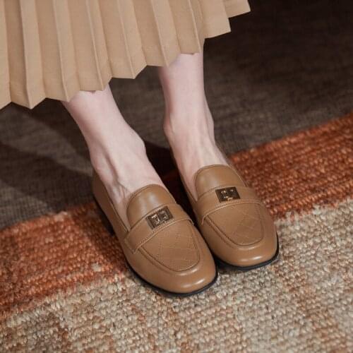 Women pumps natural leather shoes plus size 22-26.5cm Full leather Diamond check Classic metal loafers Classic retro 2 colors