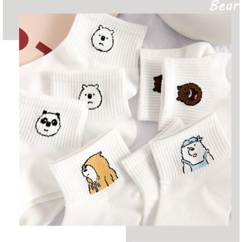Cartoon Women Breathable Cotton Socks White Cute Bear Panda Lovely Animal Pattern Girl Sock Combed of Pure Cotton Female Socks