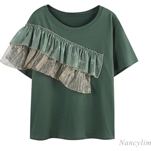 Loose T-Shirts for Women Fashion Mesh Patch Short Sleeve Tee Shirts Summer Top Camisetas De Mujer Nancylim