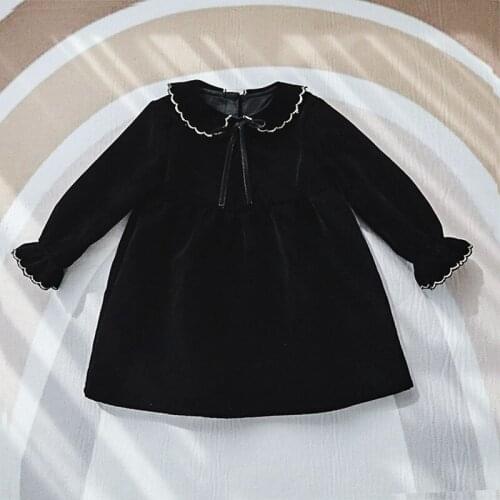 EnkeliBB Children Girl Black Velvet Dress Peter Pan Collor Kids Festive New Year Christmas Long Sleeve Dress Autumn and Winter