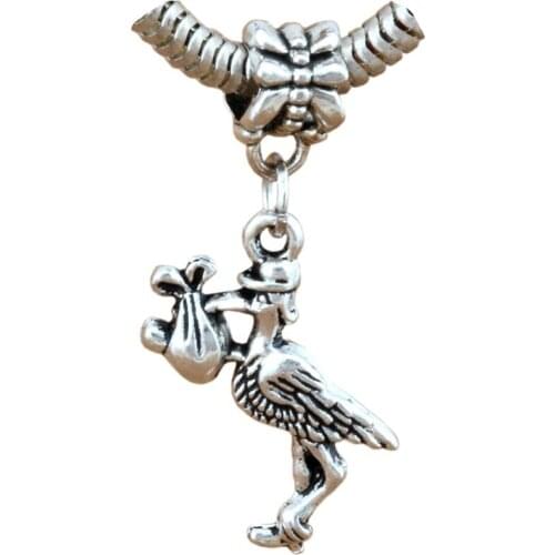 Hot ! 100pcs Tibetan Silver Stork New Baby Pregnant Expecting European Dangle Beads fit Charm Bracelet 17x35mm 4582L