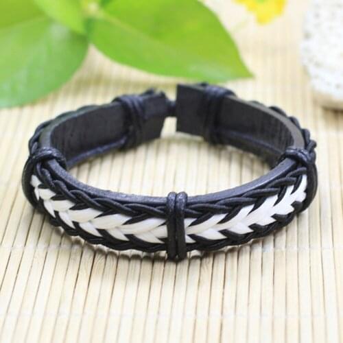 6Pcs/set Twist Bangle pulseira masculina Wrap White&Black Retro Handmade Leather Bracelet Men with Braided Rope DX48