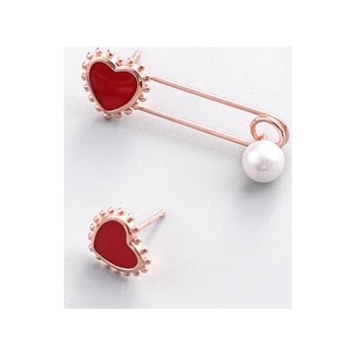 Asymmetry Pearl Heart Pin 925 Sterling Silver Creative Original Personality Fashion Female Dangle Earrings SEA275