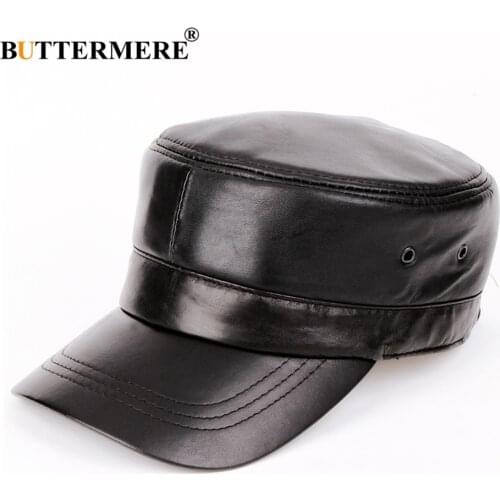 BUTTERMERE Army Hats Military Style Men Black Flat Caps Male Real Sheepskin Leather Sailor Hat Adjustable Winter Captain Caps