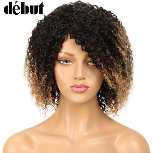 Debut Curly Bob Human Hair Wigs Short Curly Bob Wigs Remy Human Hair Wigs For Women Dark Roots Brown Blonde Color Non Lace Wigs