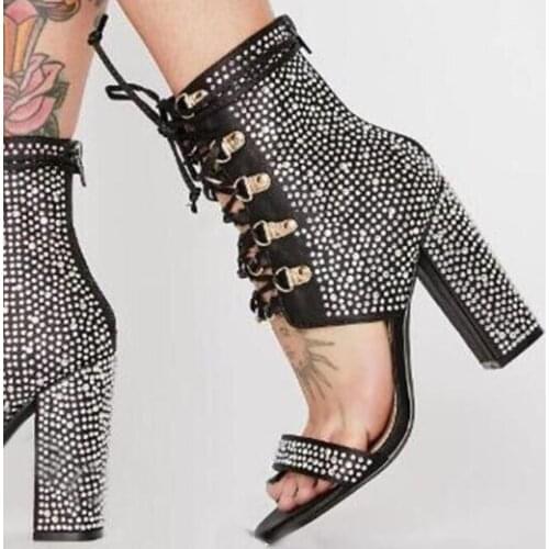 Dipsloot Black Sliver Diamond Bling Bling Cross Lace Sandals Boots Woman Fashion Open Toe Chunky Heels Short Boots Big Size