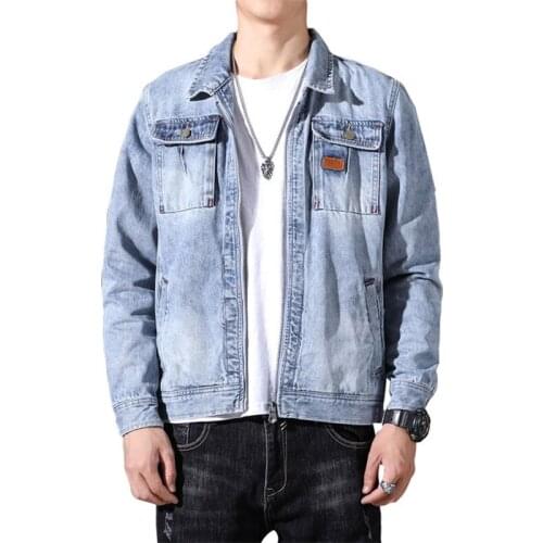 Spring Denim Jacket Men Jeans Coat Cotton Turndown Collar Long Sleeve Loose Zipper Large Size Clothes Bomber Cowboy Male Brand
