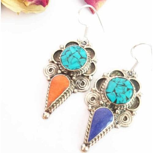 E136 Indian Vintage Colorful Handmade Earrings Copper Inlay Colorful Stone Flower Earring