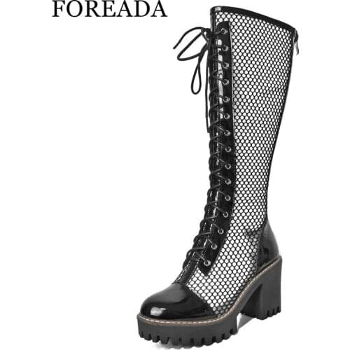 FOREADA Punk Style Shoes Woman Genuine Leather Platform Boots Block High Heels Knee High Boots Round Toe Cross-tied Shoes Goth