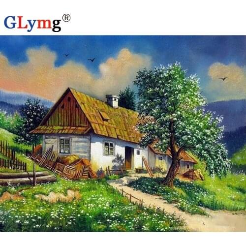 GLymg Diy Diamond Painting House Tree Landscape Cross Stitch Full Square Diamond Embroidery Rhinestones Mosaic Home Decoration