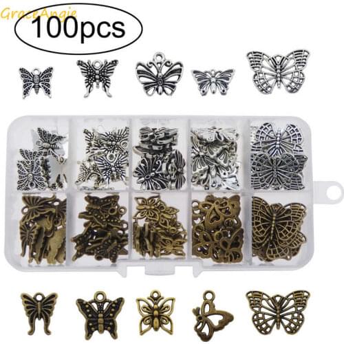 GraceAngie 100pcs Mixed Antique Bronze Silver Color Butterfly Charms Jewelry Pendants For Women Necklace Bracelet DIY Accessory
