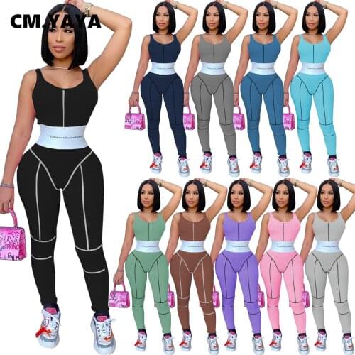 CM.YAYA Letter Patchwork Jumpsuit for Women Active Sleeveless Knit Bodycon One Piece Overall Ribbed Romper Outfit Street 2021