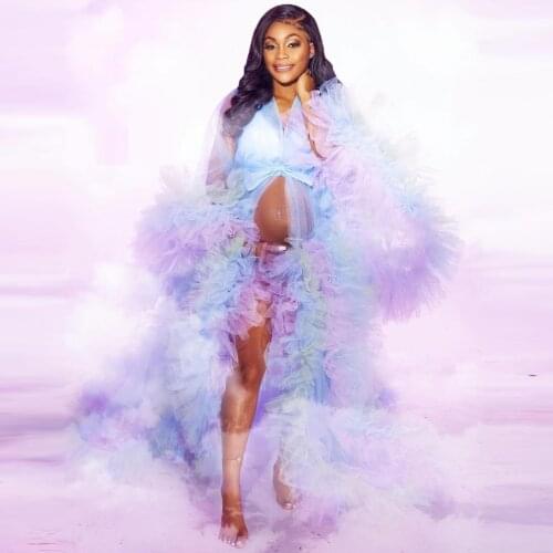 Colorful Ruffles Tulle Robes Women Maternity Dress Photo Shoot Chic Puffy Sleeves Tulle Robe Maternity Dresses Photography