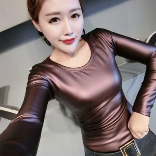 2020 Autumn and Winter New Fashion O-necked All-in-one Solid Color PU Leather Long-sleeved Fleece Jacket Slimming Top