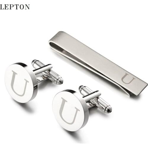 Lepton Round Laser Letter Cufflinks And Tie Clips Set Letters U Cuff links For Mens French Shirt Cuffs Cufflink Relojes Gemelos