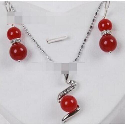 Fashion jewelry Free Shipping Charming!Red Ruby Round Beads Dangle Earrings Pendant Necklace set