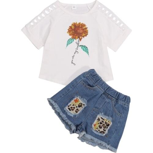 New Girls Casual Two-piece Clothes Set, Floral Printed Pattern Short Sleeve Tops and Elastic Waist Shorts