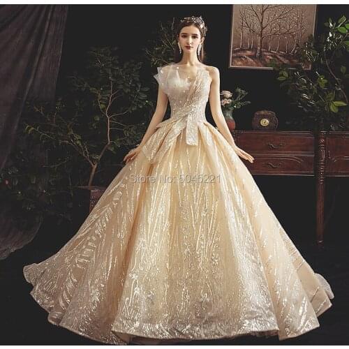 New High-end Champagne Wedding Dresses Vestido De Noiva 2020 Bride Strapless Court Train Vintage Dubai Aibye Girls Wedding Gowns
