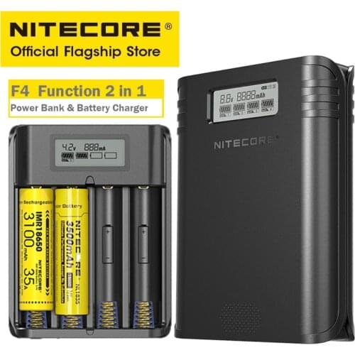 Original NITECORE F4 2 in 1 Four-slot Power Bank Li-ion IMR 18650 Battery Charger LCD Outdoor Smart USB Quick Charger CE CEC