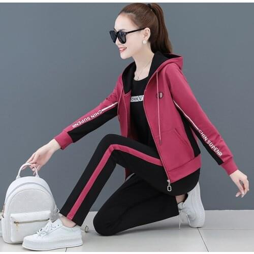 Autumn Women Sets Spring Female Set Leter Printed Hoodies+Pants+T shirt Fashion Casual Ladies Hoody Suits Zipper Woman Tracksuit