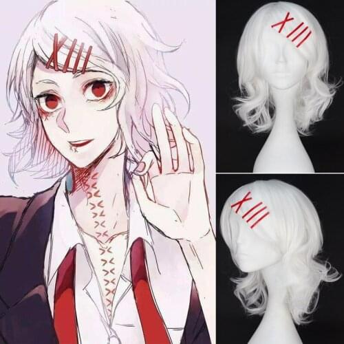 Anime Tokyo Ghoul Tokyo Guru Cosplay Wig Juzo Suzuya Juuzou Pure White Heat Resistant Cosplay Costume Wig+5 Red Hairpins+wig cap