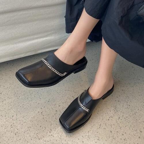QZYERAI 2021 New Style Summer Women Genuine Leather Fashion Slippers with Low Metal Cowhide Slippers Womens Shoes