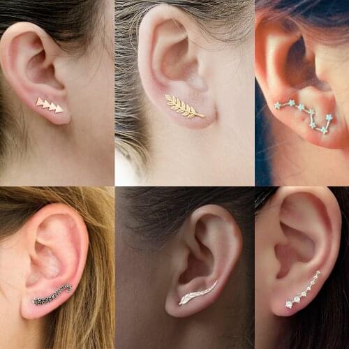 Women Simple Metal Geometric Star Earrings Ear Studs Cuff Clip Fashion Punk Gold Color Leaf Jewelry Piercing Earring Accessories