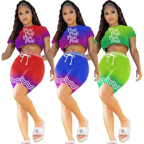 Echoine 2021 summer PINK Letter Gradient Print sporty Two Piece set Crop Tops and shorts jogger Streetwear Tracksuits Outfits