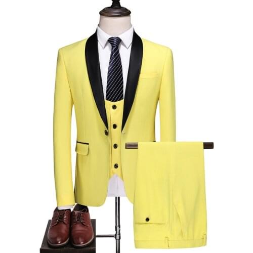 2021 light yellow mens suit 3-piece formal business suit tuxedo shawl lapel for wedding groom (jacket + vest + pants)