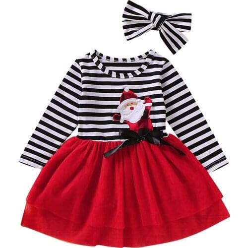 2-5 Years Toddler Baby Girls Christmas Santa Striped Print Tulle Long Sleeve Dress+Headband Outfits Bowknot Tutu Lace Dress D30