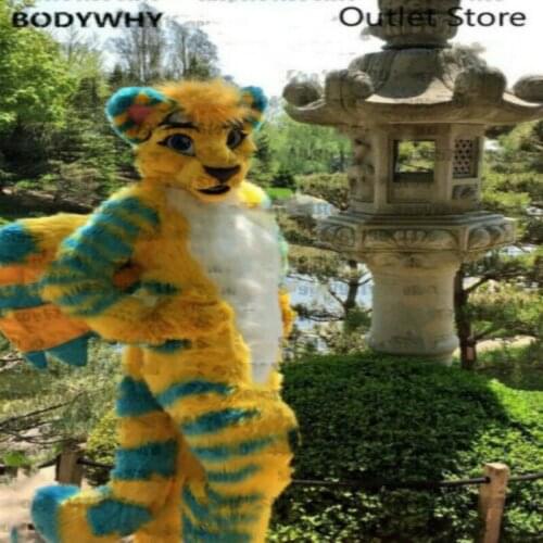 Yellow Long Fur Husky Wolf Dog Mascot Costume Cosplay Outfit Fursuit Halloween Furry Suit Party Fursuit Carnival Xmas Ad Clothes