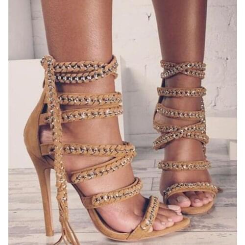 Moraima Snc High Quality Suede Sandals Chain Woven Zipper Open Toe Shoes Sexy Open Toe Lace-up Gladiator Shoes Woman Sandal