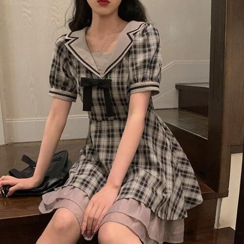 Retro Y2k Plaid Dress Women French Sailor Collar Cute Ruffle Fairy Dress Summer Casual Kawaii Lolita Gothic Dress 2021