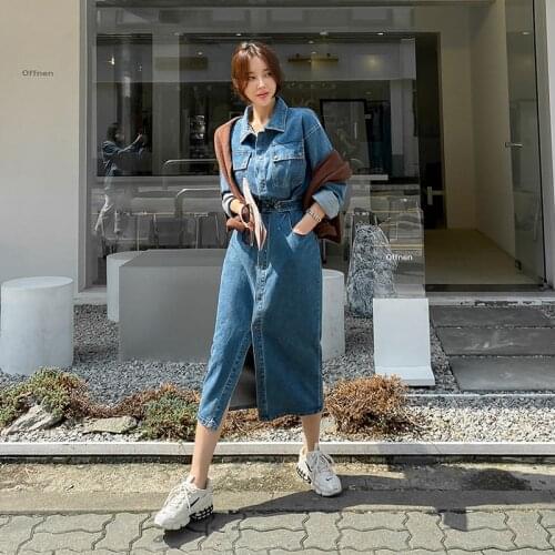 2020 New Korean Style Women Slim Denim Dress Fashion Long Sleeve Turn-Down Collar Single Breasted Mid-Calf Dress Female