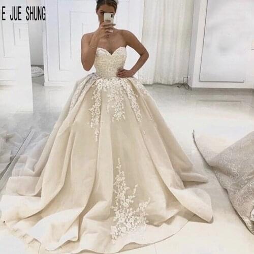 E JUE SHUNG Charming Ivory Wedding Dresses Sweetheart Neck Lace Appliques Vestido De Novia Lace Up Back Ball Gown Bridal Gowns