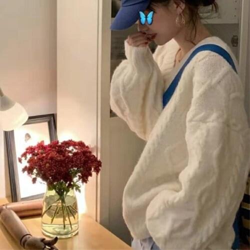 Winter Sweaters Women V-neck Casaul Japanese Fashion Knit Tops Long Warm White Sweater Vetements Femme Hivers 2021 New WPY2057