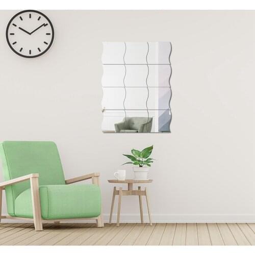 12 Pieces Wave Mirror Wall Stickers Self-Adhesive Decorative Wavy Tiles Stickers DIY Decor for Bedroom Living Room 19*17cm