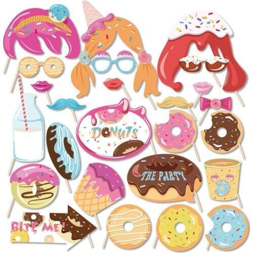 25pcs Sweet Donuts DIY Photobooth Props Party Decorations Colorful Donuts Paper Cards Photobooth Props Birthday Party Supplies