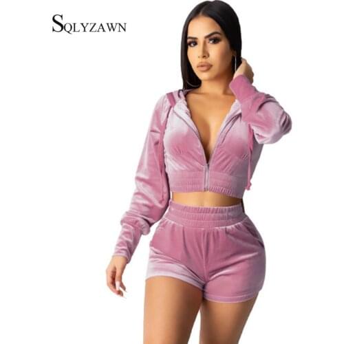 Velvet Hoodie Cropped Jacket Two Piece Biker Shorts Set Female Sexy Velour Matching Sweat Tracksuit Pants Outfit Pink Black Suit
