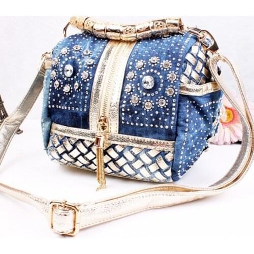 Handbag Ladies New Summer Fashion Diamond Denim Canvas Bags Women Famous Brand Tassel Crossbody Shoulder Small Bag Female