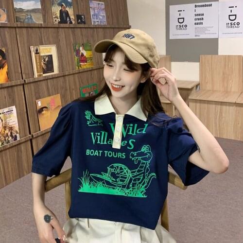 Lapel polo cute sweet wind T-shirt wild loose 2021 summer new Korean version of the college style letter dinosaur print