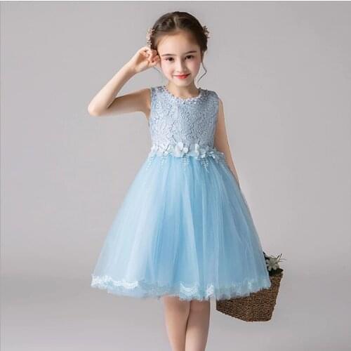 Hot Sale 2021 New Kids Party Dresses Knee-Length Beading O-Neck Tank Flower Girl Dress for Wedding Tulle Communion Dress