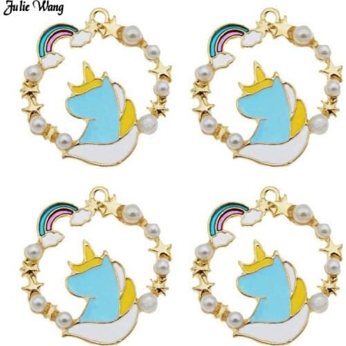 Julie Wang 4-8pcs Alloy Enamel Unicorn Charms Earring Necklace Pendant Blue Pendants For Women Bracelet Jewelry Making 24*23mm