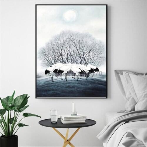 White Snow Canvas Painting Crane Tree Oil Print Poster Landscape Black White Wall Art Picture For Living Room Home Decoration