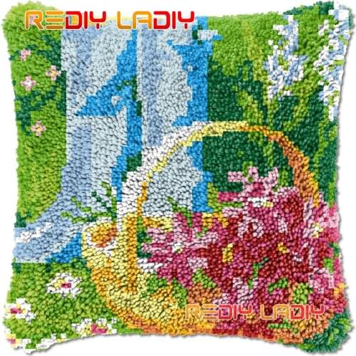 Latch Hook Cushion Basket of Flowers DIY Needlepoint Kits Chunky Acrylic Yarn Arts Crocheting Lofty Pillow Case Hobby & Crafts