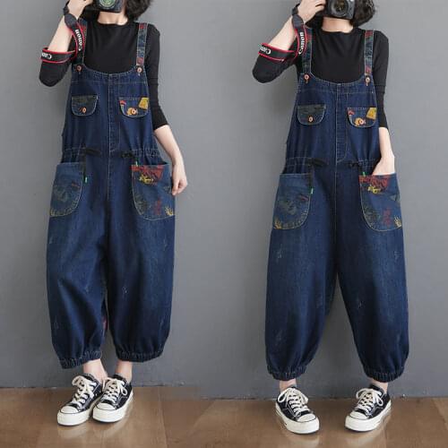 Spring will spot the new literary bigger sizes printed stitching denim overalls women limit