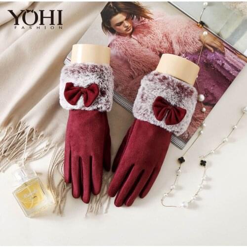 Fashion Women Warm Thick Winter touch screen outdoor Gloves Leather With Rabbit Fur Female Gloves ladies gloves With bow